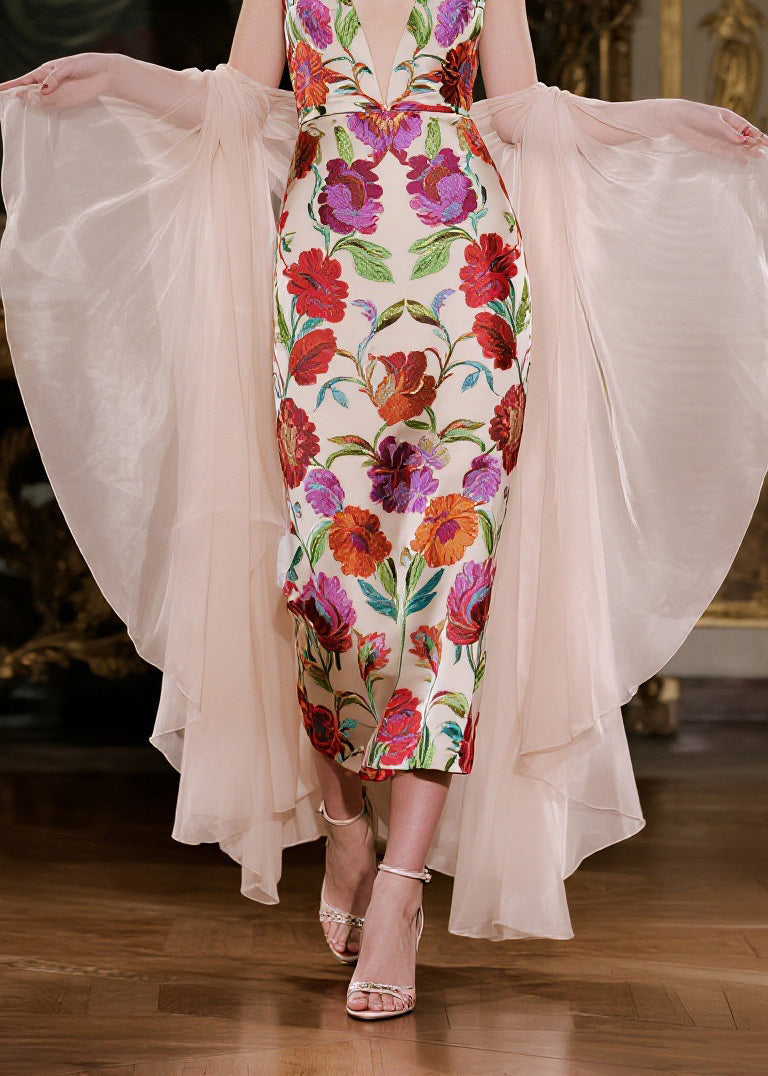 Floral Embroidery Spaghetti Strap Deep V-Neck Midi Sheer Cape Set - View 4