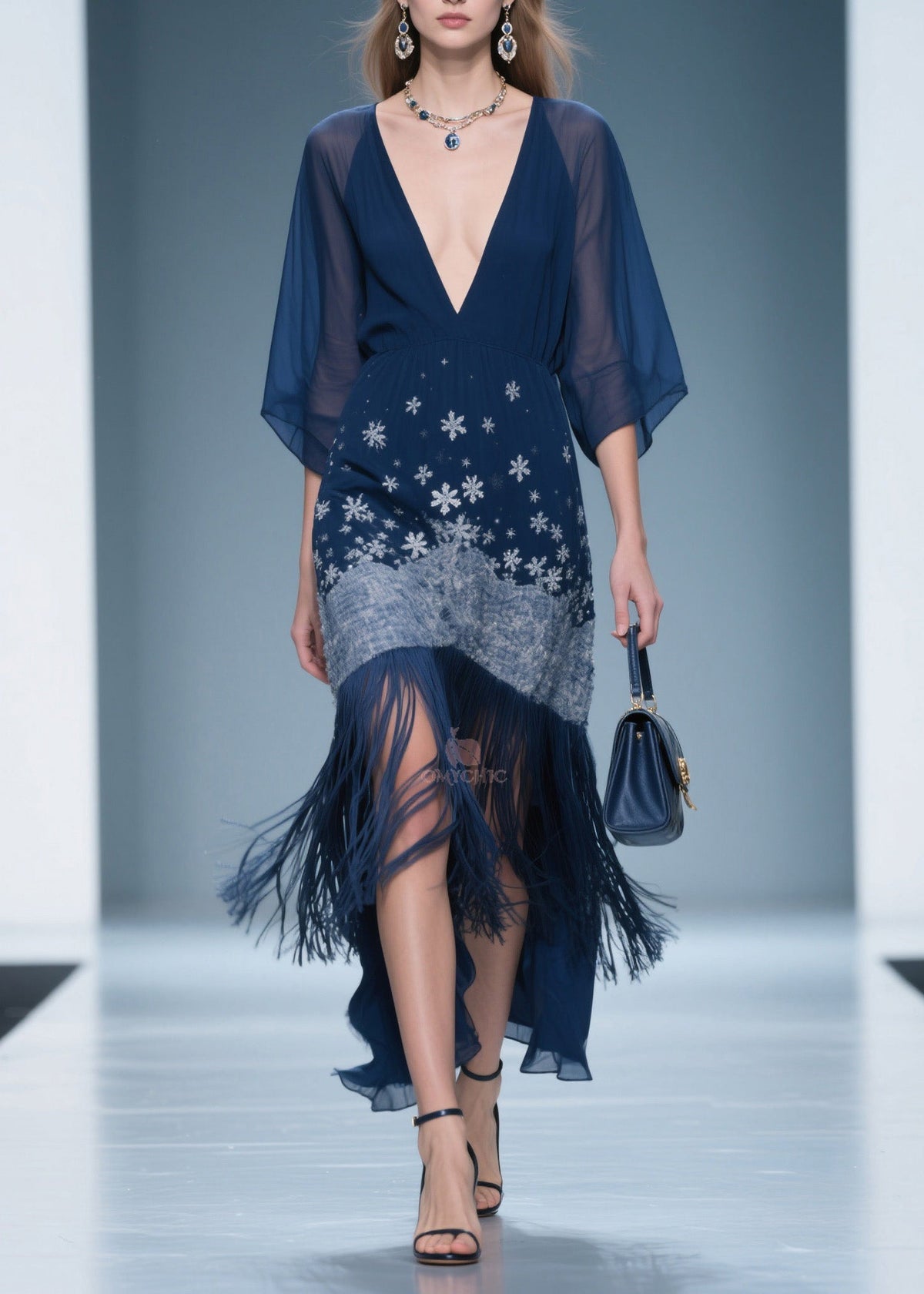 Fine V Neck Print Tassel Chiffon Maxi Dresses Summer - View 3