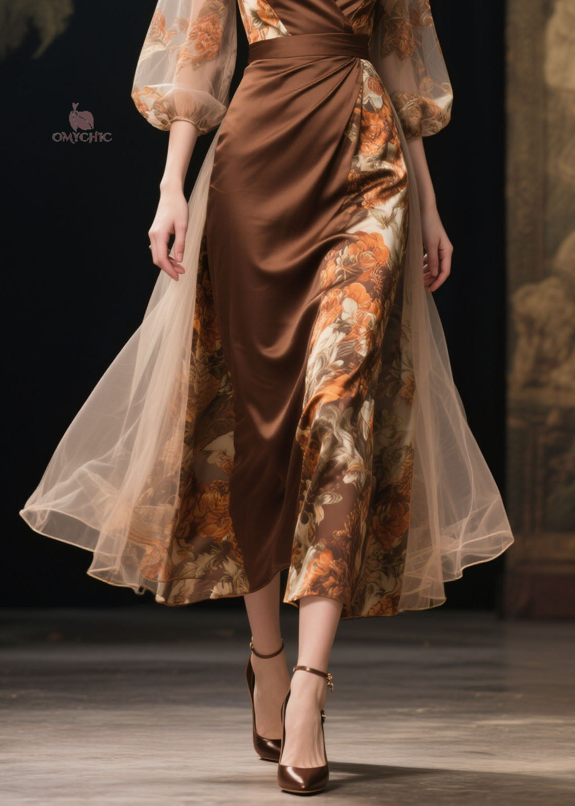 Floral Print Wrap Deep V-Neck Mesh Balloon Sleeve Maxi Gown - View 4
