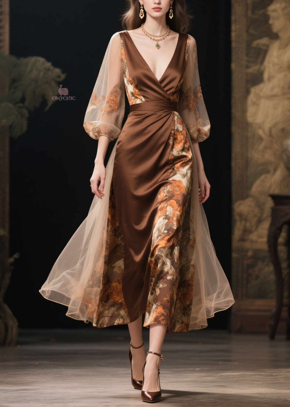 Floral Print Wrap Deep V-Neck Mesh Balloon Sleeve Maxi Gown - View 5