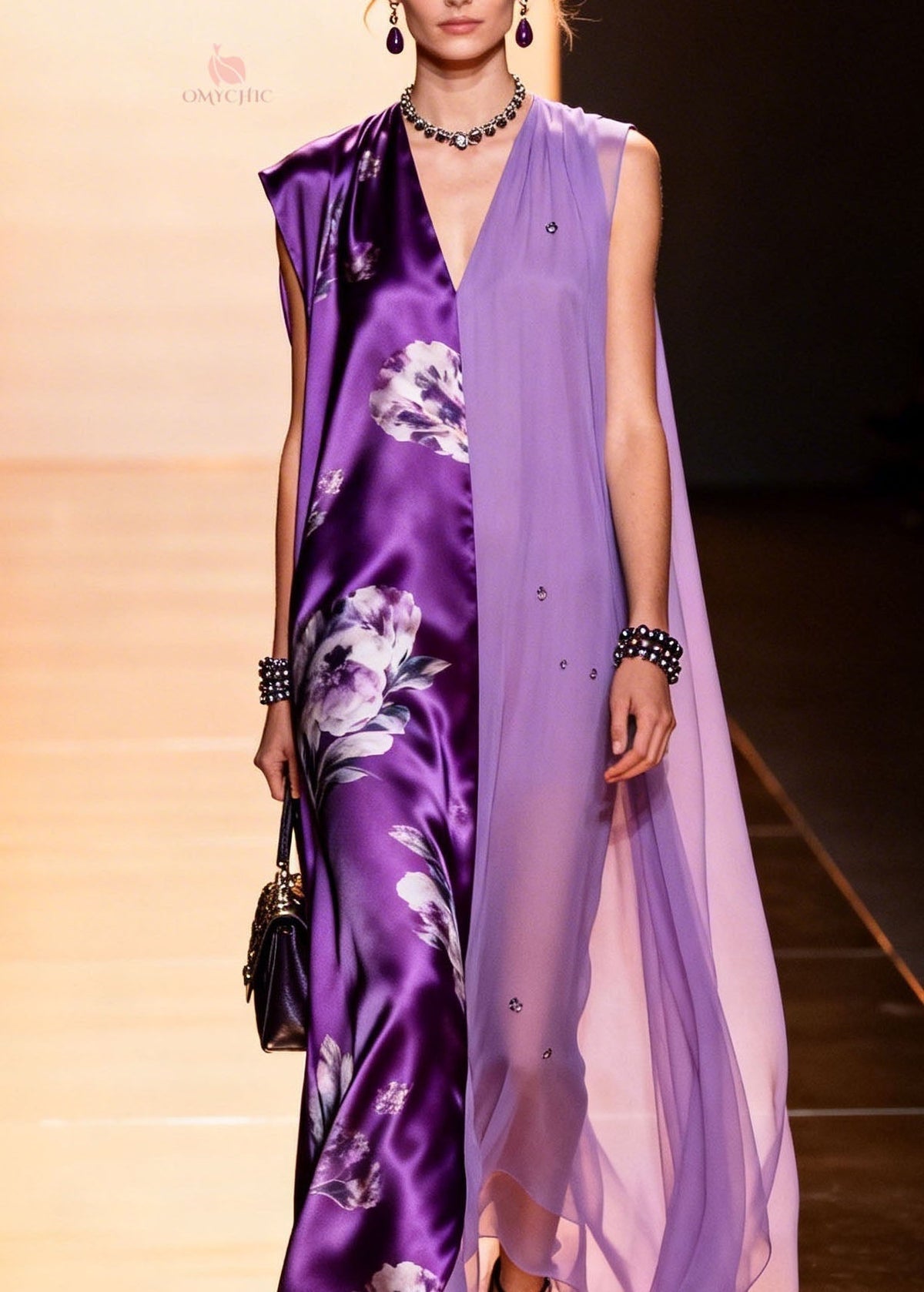 Floral Satin Beaded Chiffon Split Panel Deep V-Neck Maxi Gown - View 2