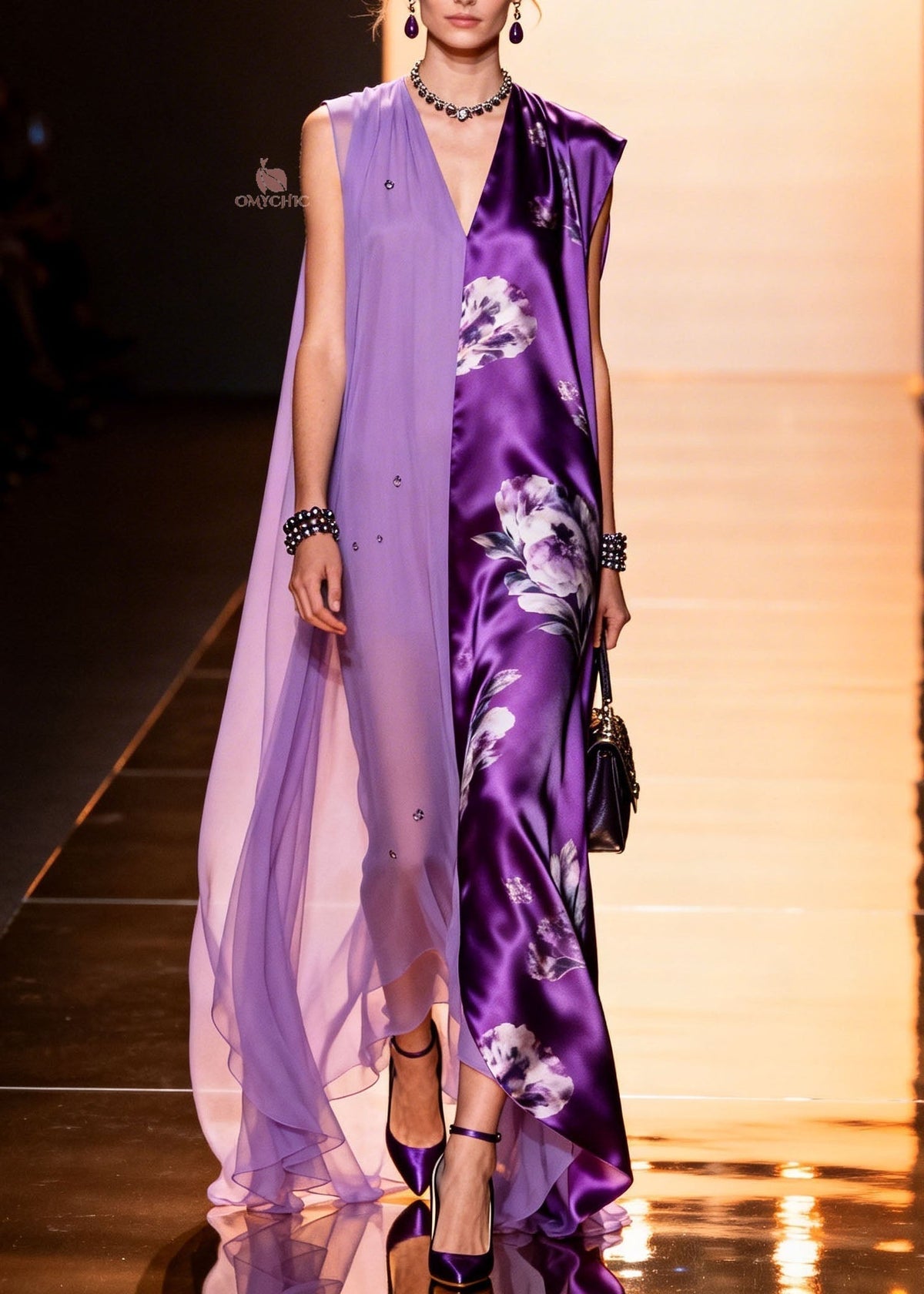 Floral Satin Beaded Chiffon Split Panel Deep V-Neck Maxi Gown - View 3