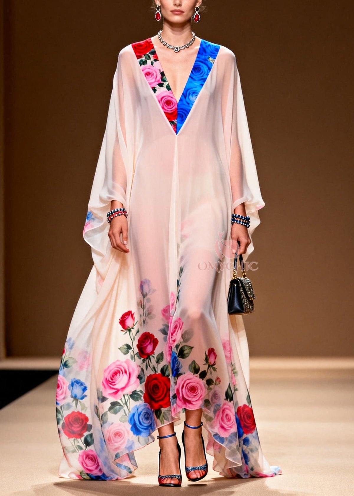 Floral Print Deep V-Neck Butterfly Sleeve Sheer Chiffon Maxi Gown - View 3