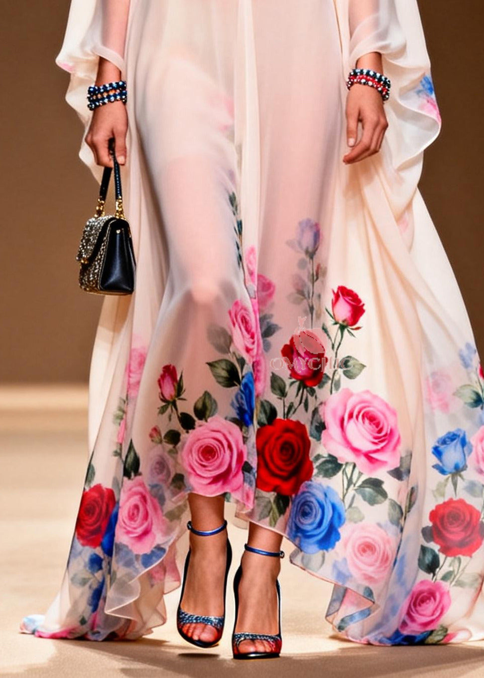 Floral Print Deep V-Neck Butterfly Sleeve Sheer Chiffon Maxi Gown - View 4