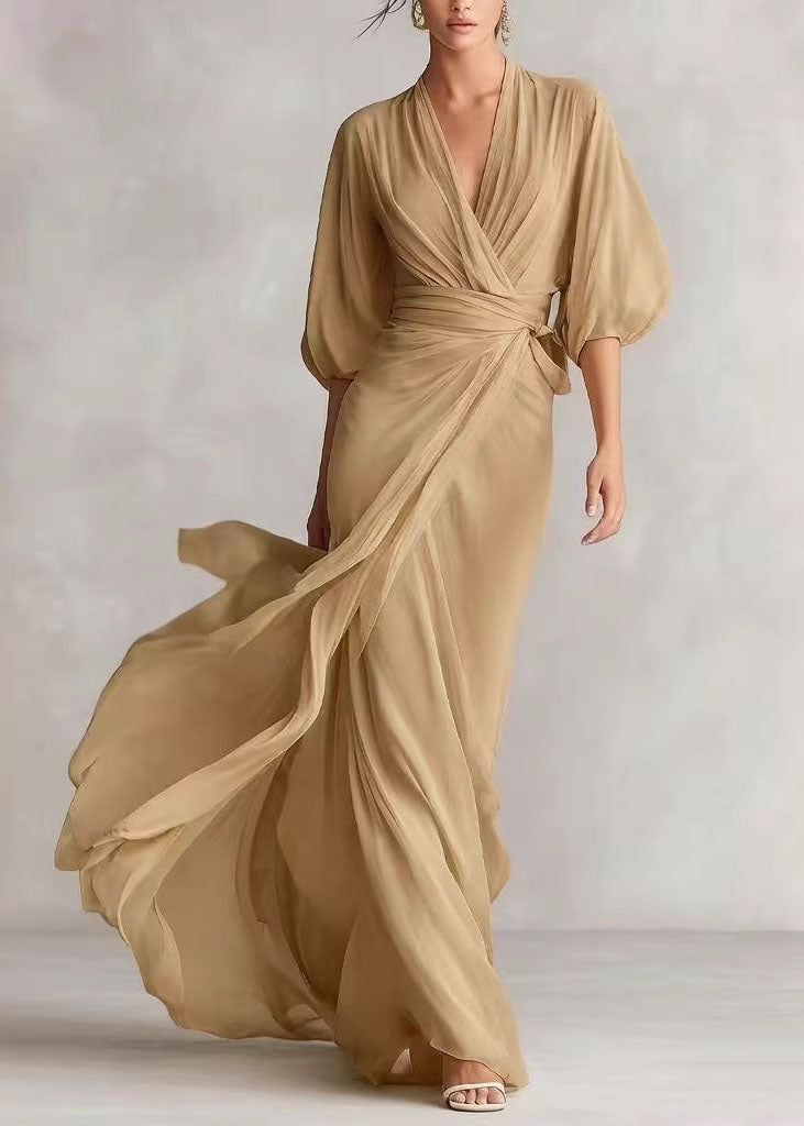 Fine White V Neck Chiffon Maxi Dresses Lantern Sleeve - View 2