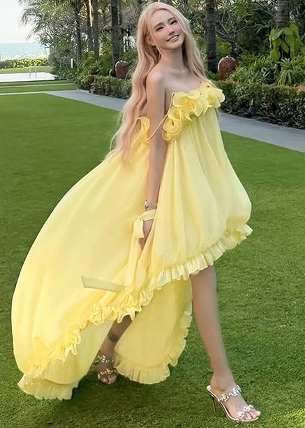 Fine Yellow Ruffled Low High Exra Large Hem Tulle Strapless Dress - View 3