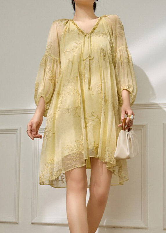 Floral Embroidered Lace Trim Tie Neck Puff Sleeve Chiffon Mini Dress - View 2