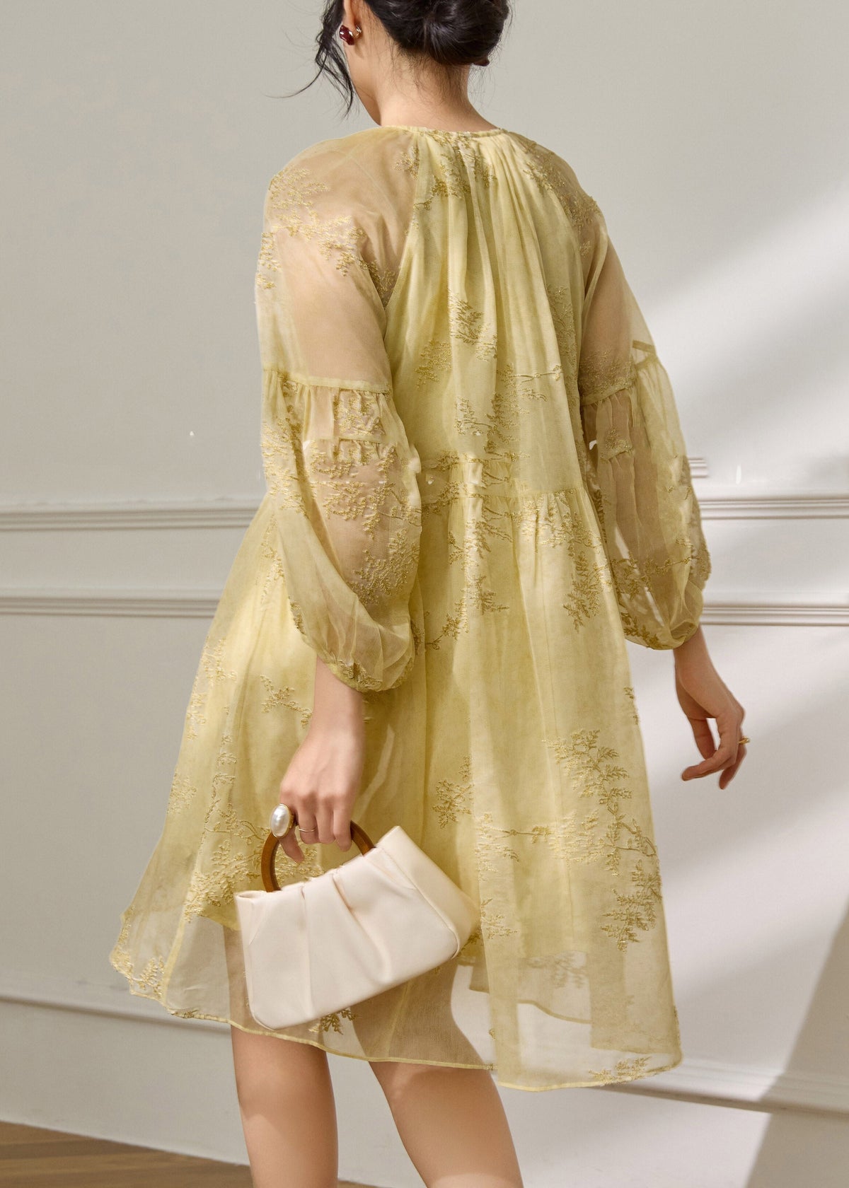 Floral Embroidered Lace Trim Tie Neck Puff Sleeve Chiffon Mini Dress - View 5