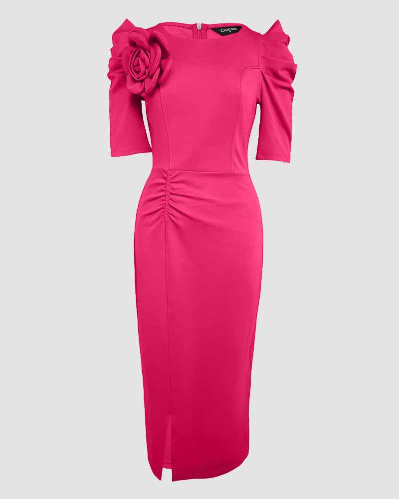 3D Floral Puff Sleeve Ruched High Split Bodycon Midi Dress - View 5