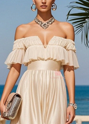 Off Shoulder Ruffle Flounce Waistband Pleated Midi Dress - View 2
