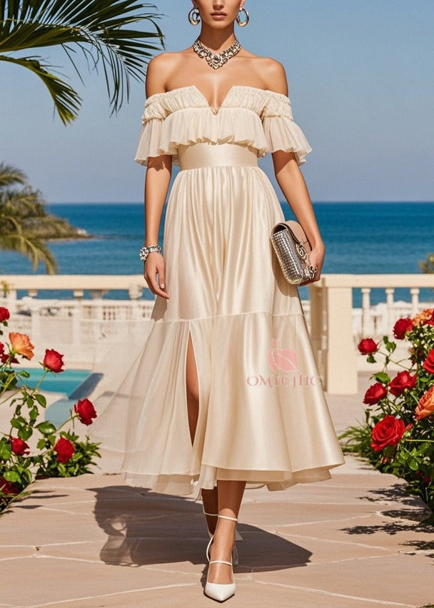 Off Shoulder Ruffle Flounce Waistband Pleated Midi Dress - View 3