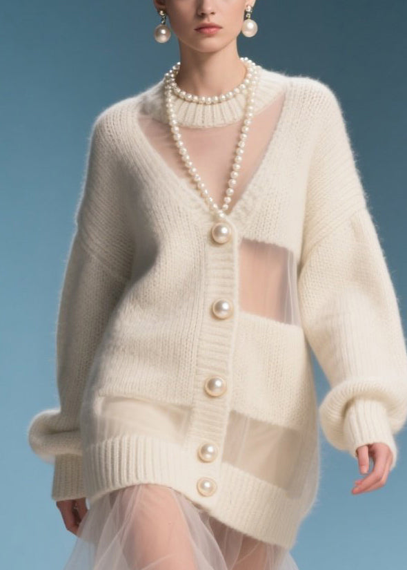 Colorblock Pearl Button Sheer Puff Sleeve Ribbed Knit Mini Dress
