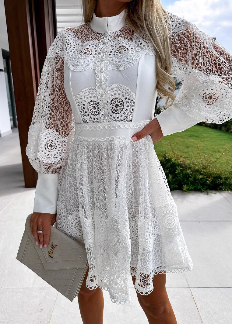 Lace Mock Neck Button Front Lantern Sleeve Panel Waist Mini Dress - View 2