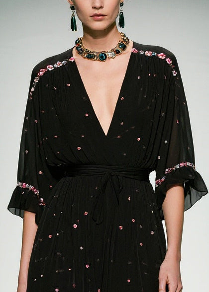 Floral Embroidery Deep V-Neck Flutter Sleeve Belted Maxi Gown - View 2