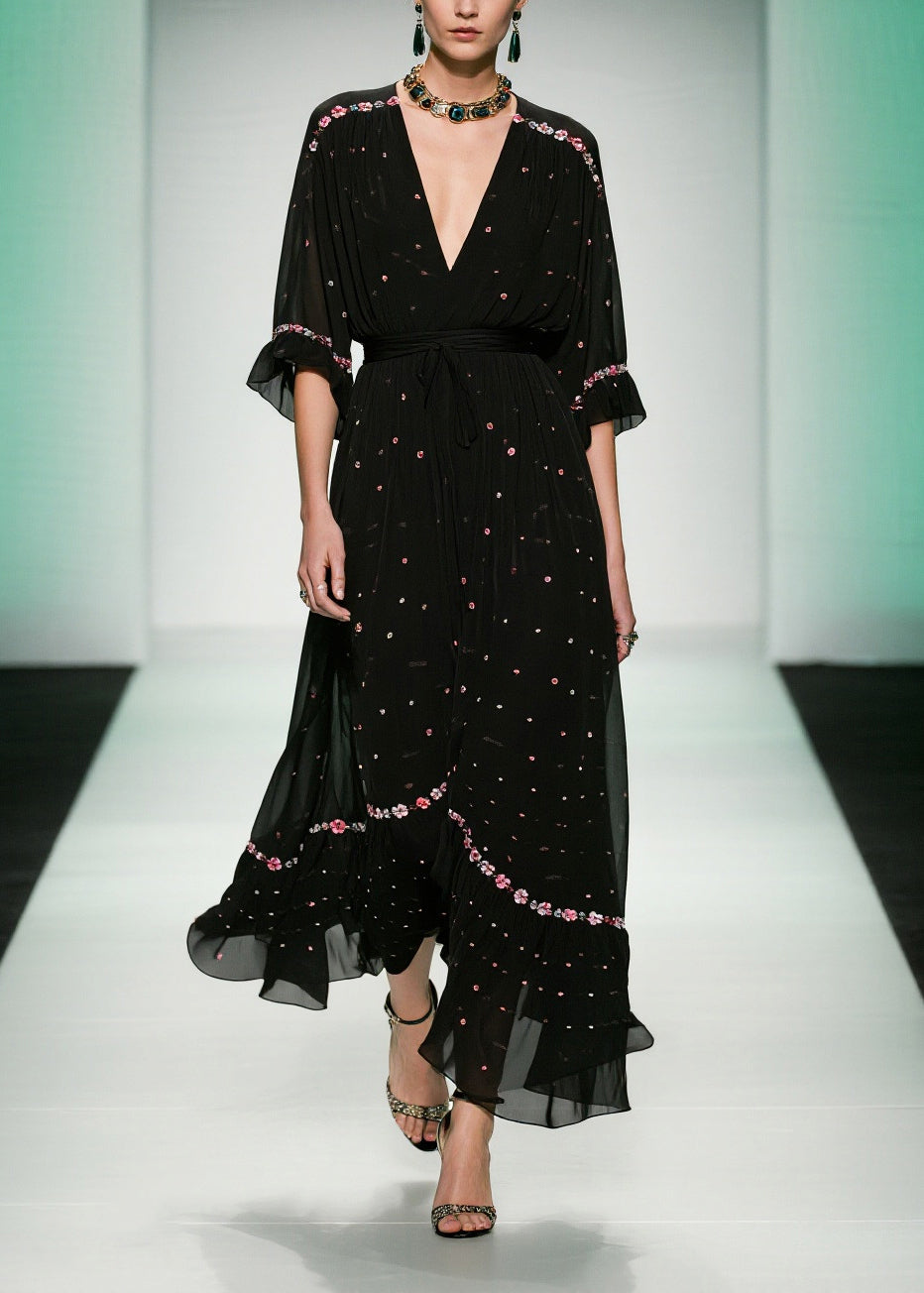 Floral Embroidery Deep V-Neck Flutter Sleeve Belted Maxi Gown - View 3