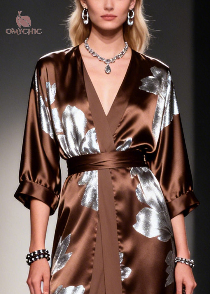 Metallic Floral Deep V-Neck Wrap Tie Waist Maxi Gown - View 2