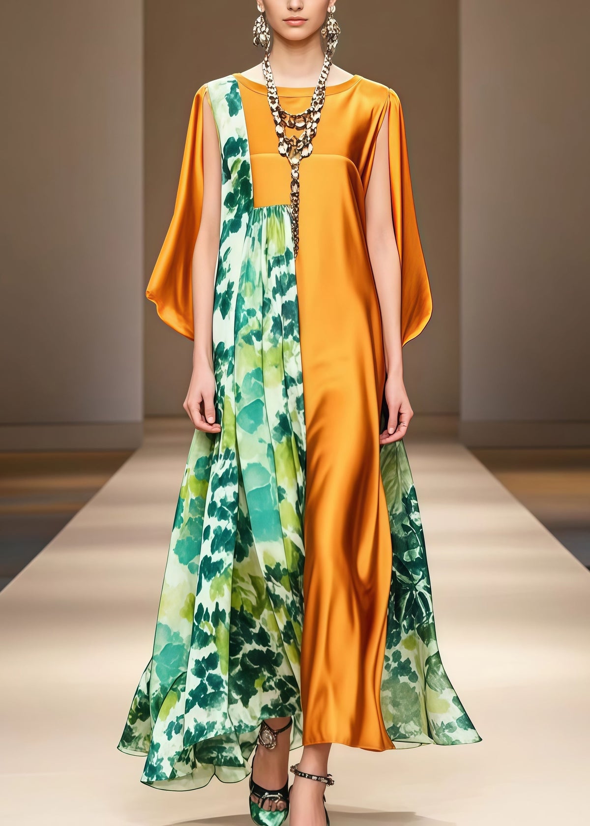 Floral Print High Neck Cape Sleeve Asymmetrical Panel Maxi Gown - View 5