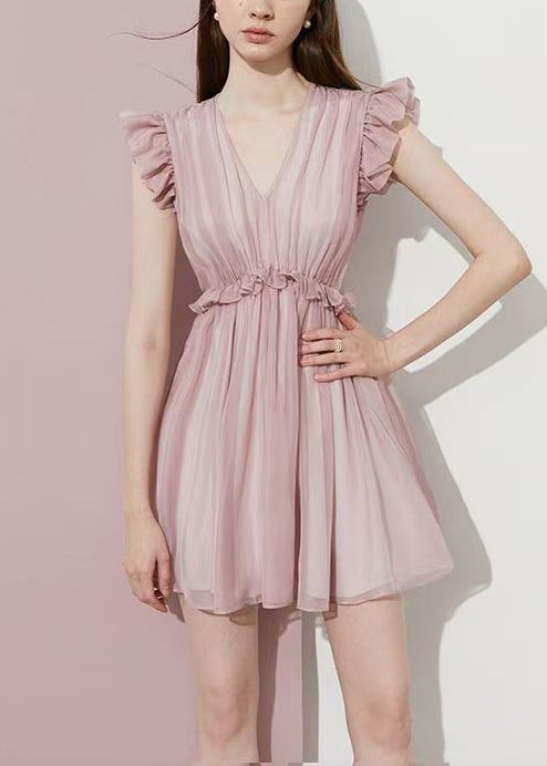 Fitted Pink Ruffled Chiffon Day Dress Summer - View 2