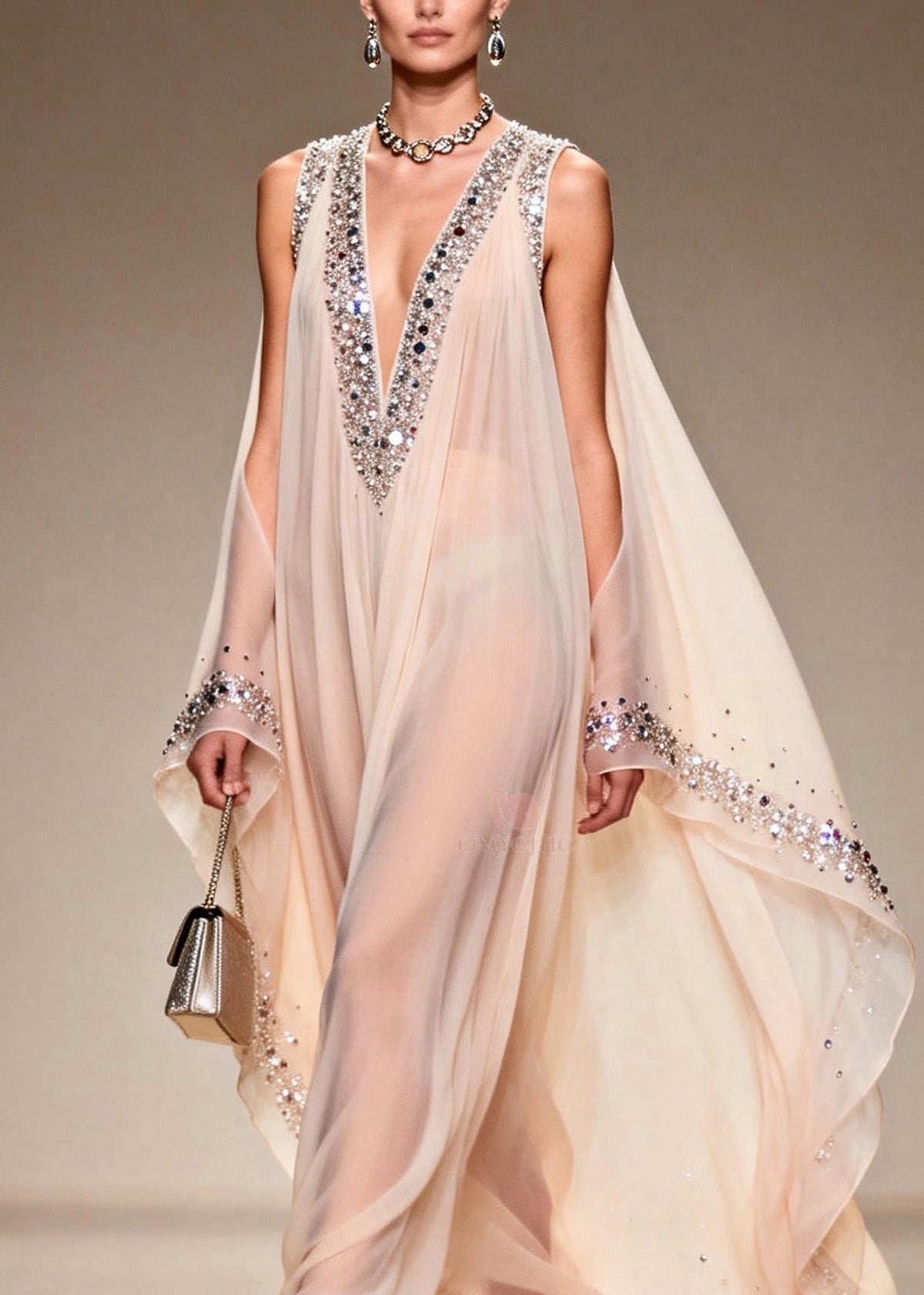 Chiffon Sheer Deep V-Neck Rhinestone Trim Cape Sleeve Floor Gown - View 2