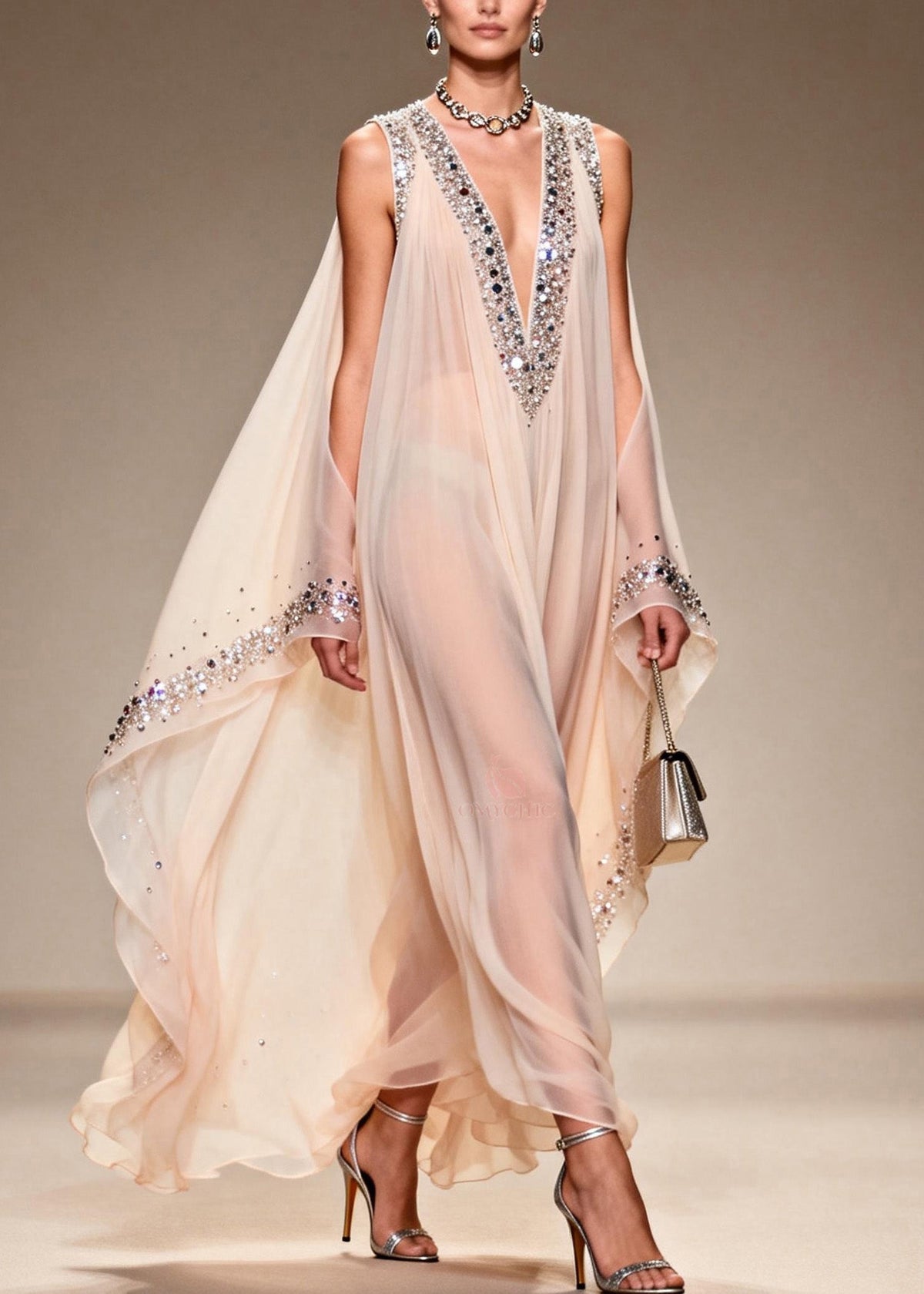 Chiffon Sheer Deep V-Neck Rhinestone Trim Cape Sleeve Floor Gown - View 3