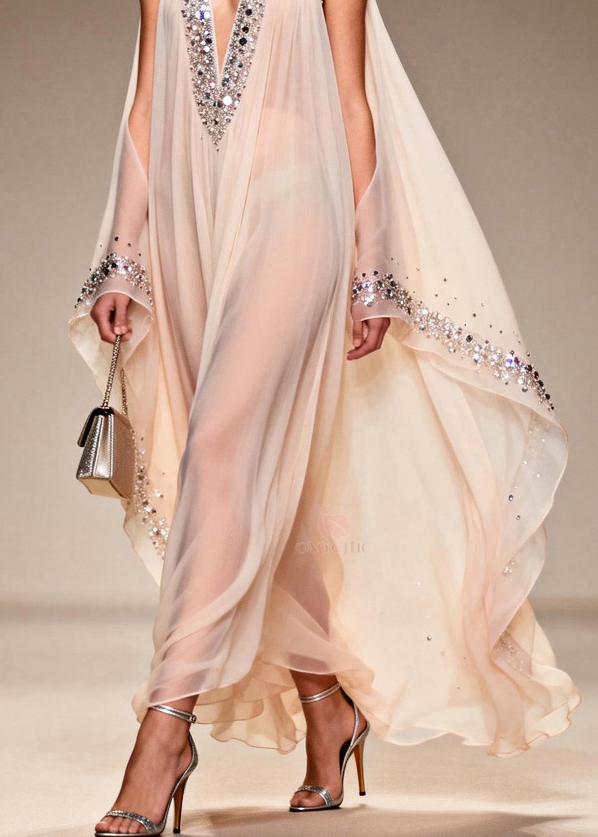 Chiffon Sheer Deep V-Neck Rhinestone Trim Cape Sleeve Floor Gown - View 4