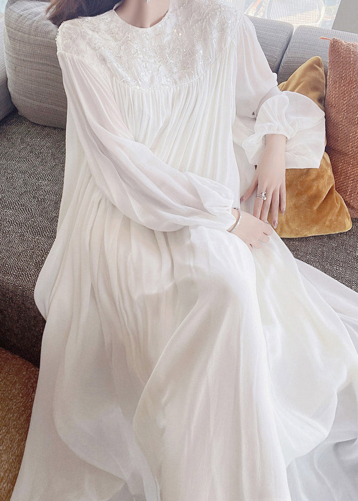 Chiffon Puff Sleeve Lace Embroidered Round Neck A-Line Maxi Dress