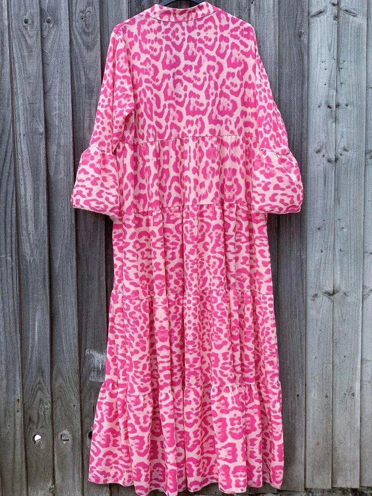 Leopard Print Mandarin Collar Deep V-Neck Long Sleeve Maxi Dress - View 3