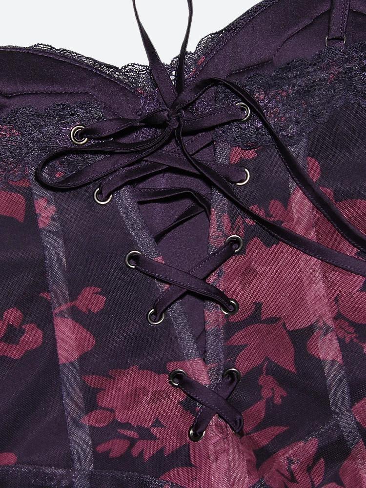 Floral Mesh Spaghetti Strap Bustier Lace Trim Bodycon Maxi Dress - View 5