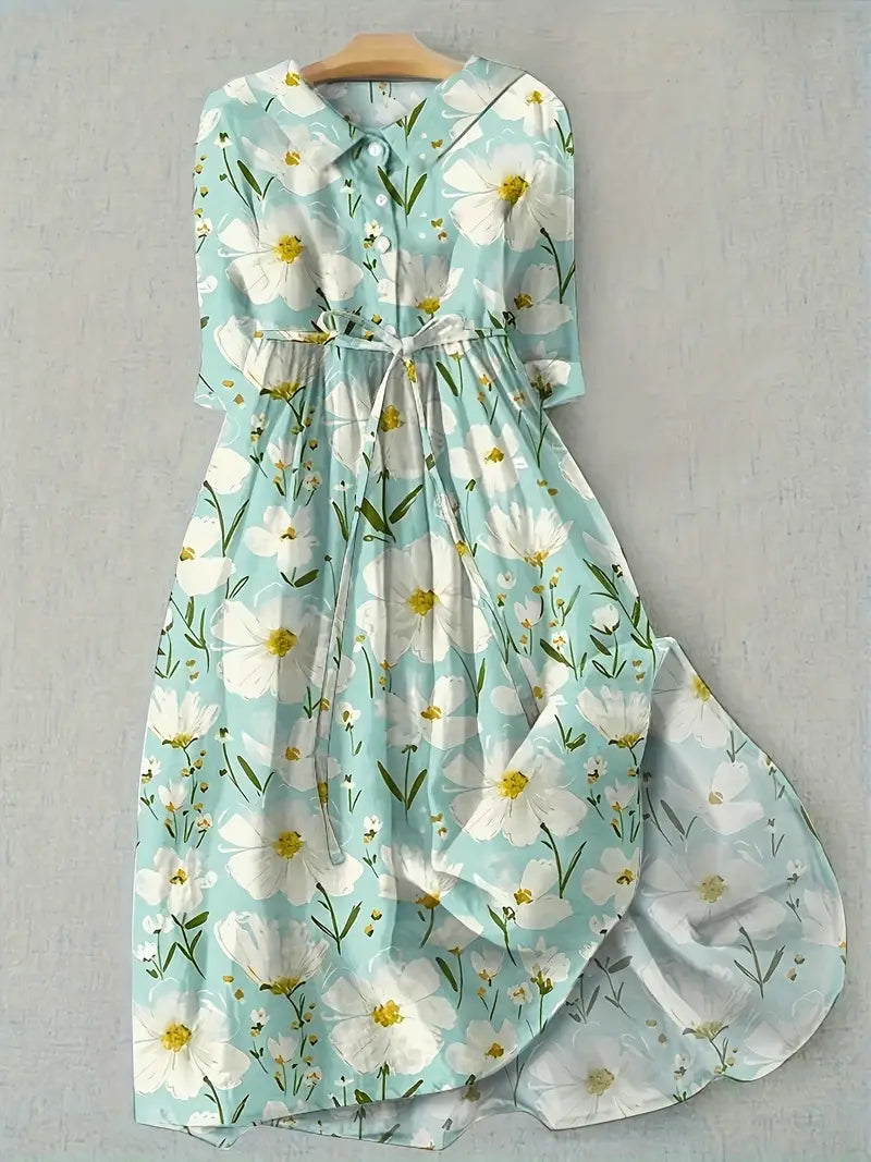 Floral Collared Button Front Belted Midi Dress