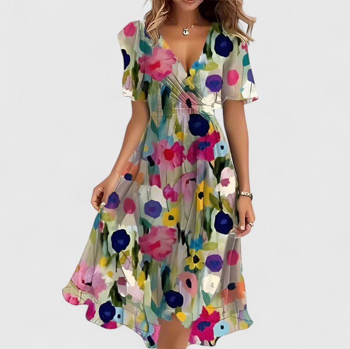 Floral Deep V-Neck Short Sleeve Wrap Midi Dress 3