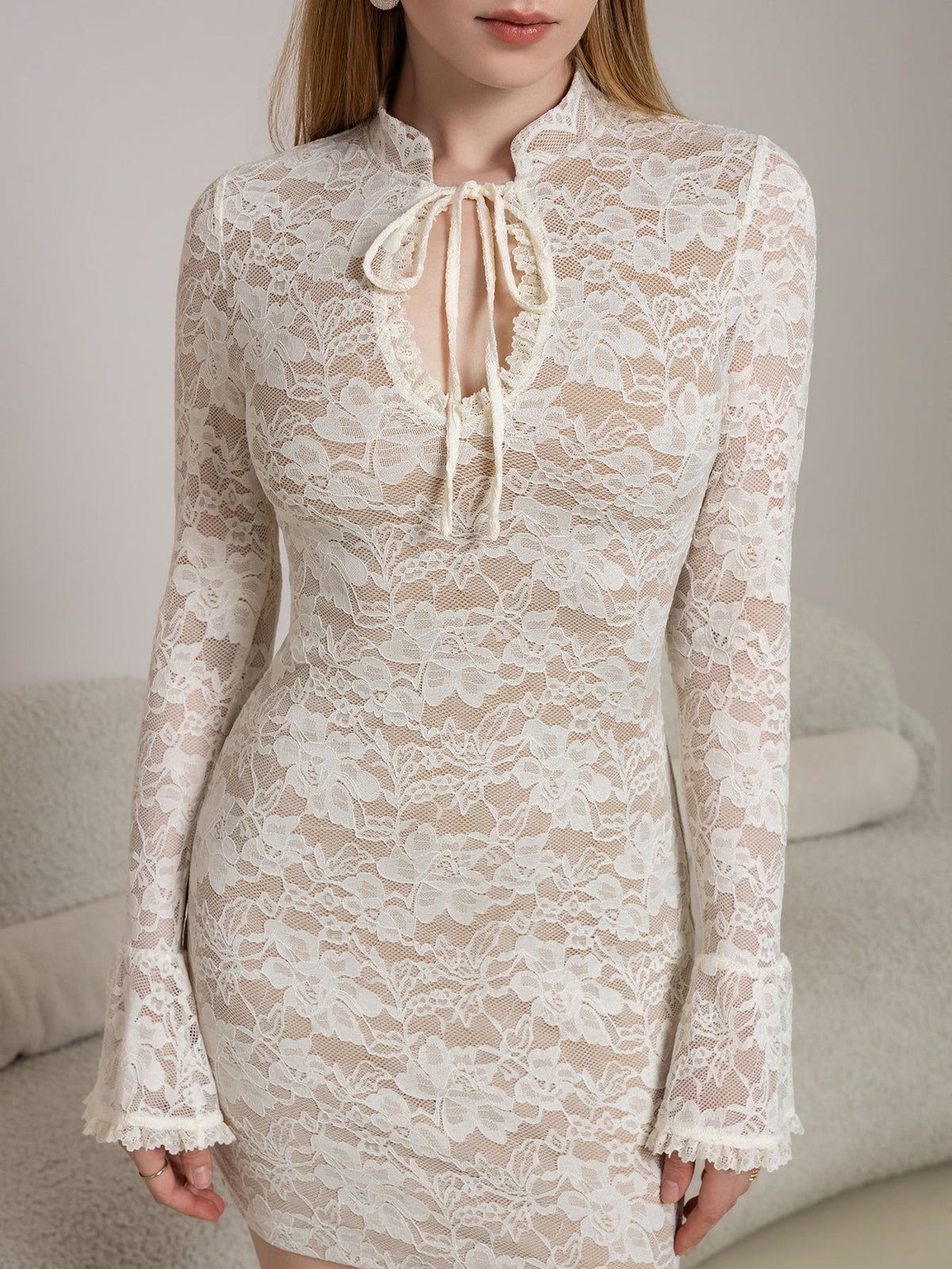 Flounce Sleeve Cut Out Tie Front Lace Mini Dress - View 6