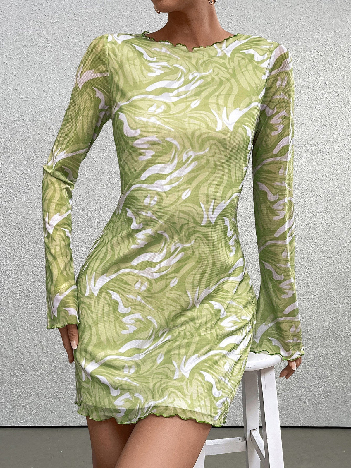 Abstract Print Mesh Boat Neck Long Sleeve Bodycon Mini Dress - View 6