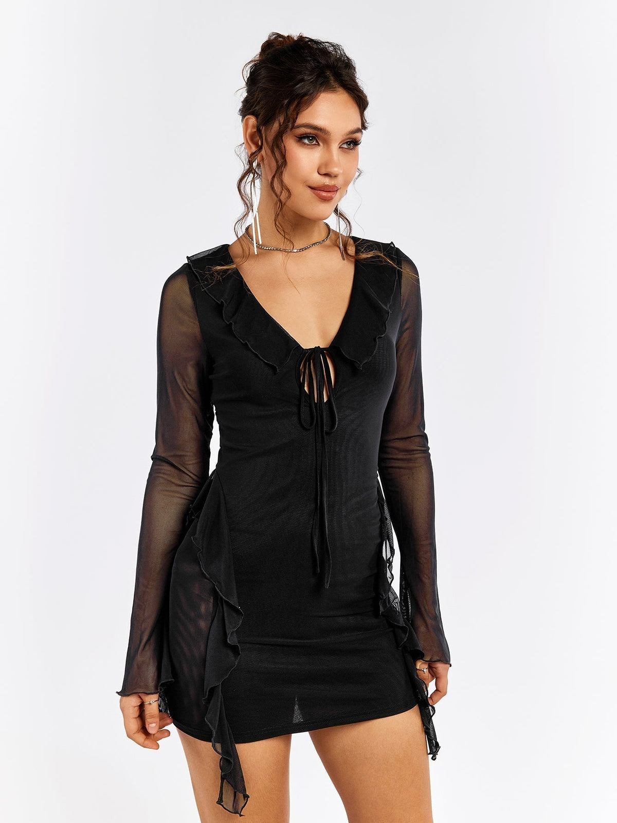 Mesh Deep V-Neck Tie Front Ruffle Trim Long Sleeve Bodycon Mini Dress - View 3