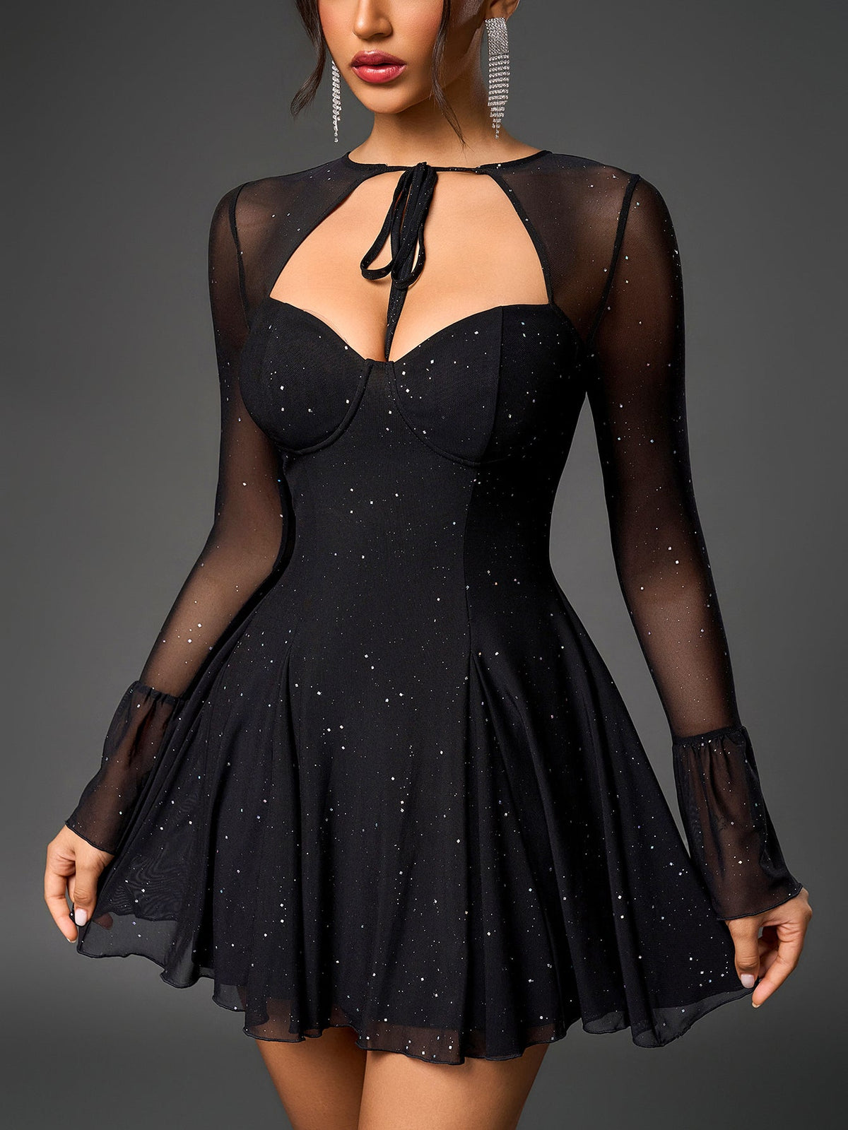 Glitter Mesh Sweetheart Tie Front Keyhole A-Line Mini Dress - View 15