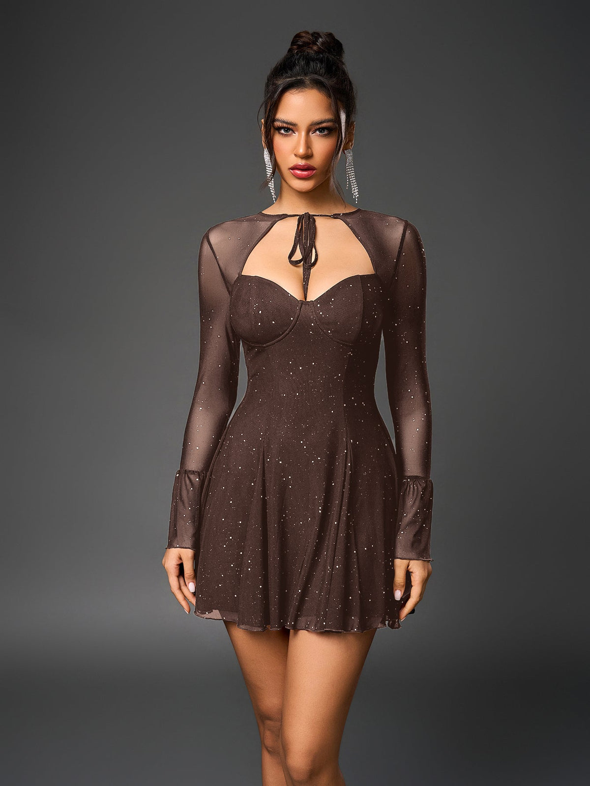 Glitter Mesh Sweetheart Tie Front Keyhole A-Line Mini Dress - View 16