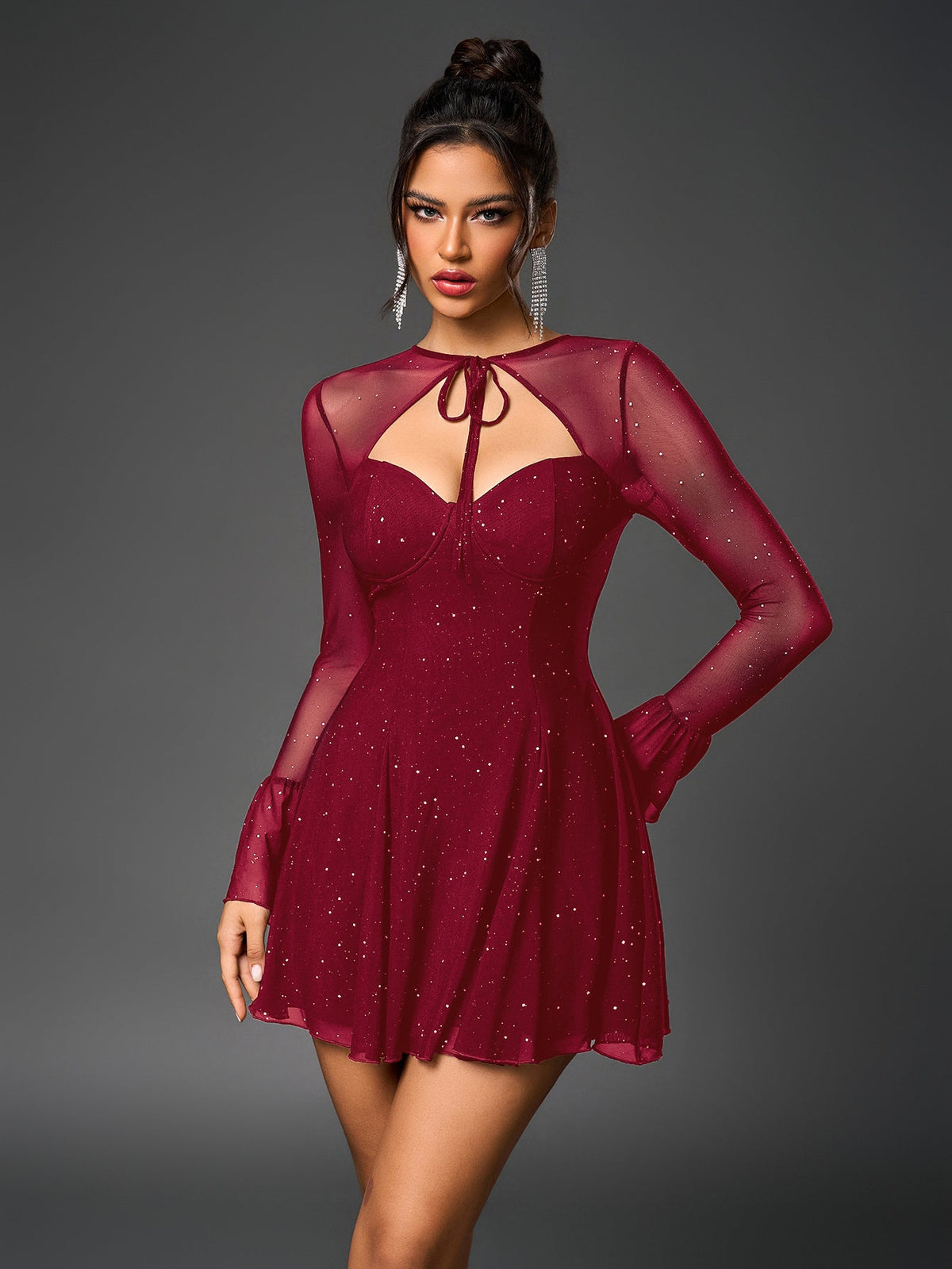 Glitter Mesh Sweetheart Tie Front Keyhole A-Line Mini Dress - View 8