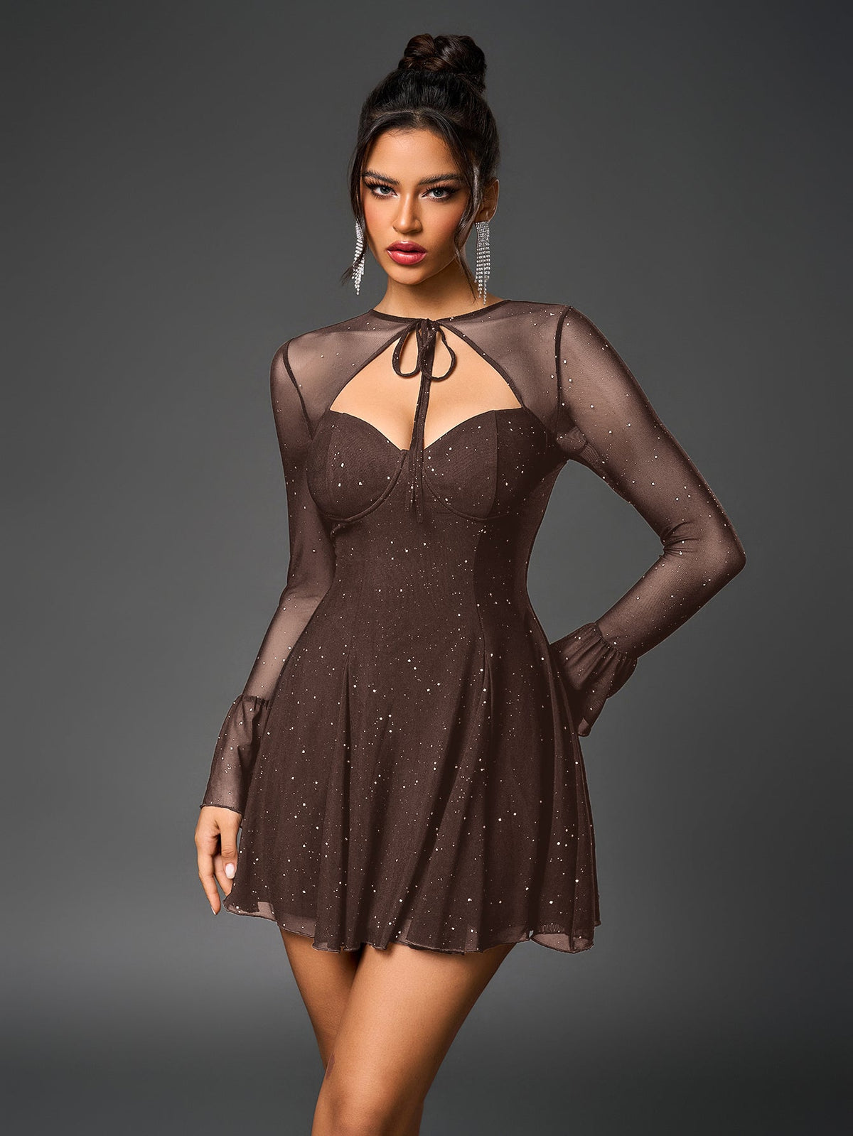 Glitter Mesh Sweetheart Tie Front Keyhole A-Line Mini Dress - View 2