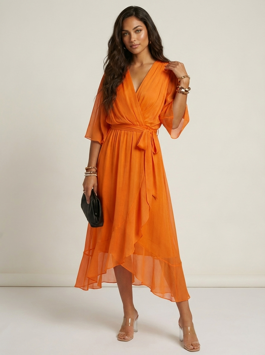 V-Neck Wrap Tie Waist Ruffle Hem Midi Dress 4