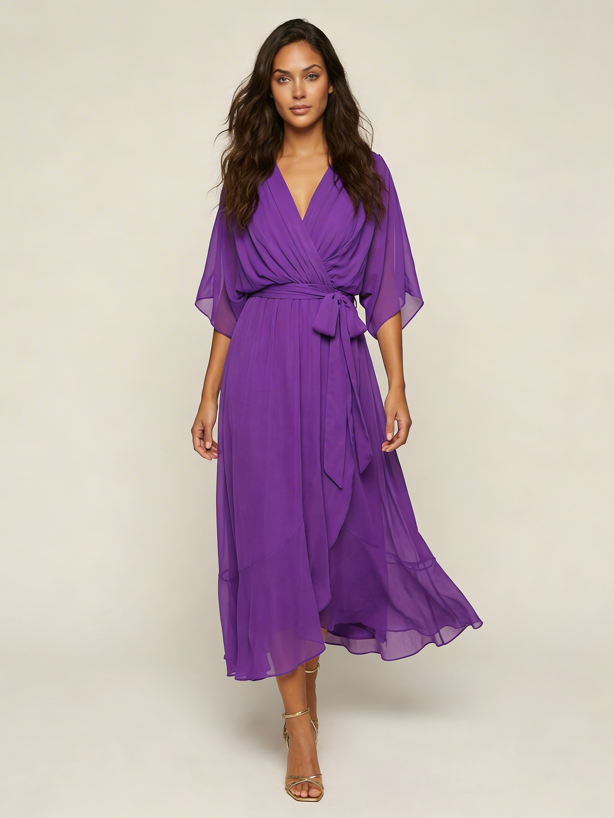 V-Neck Wrap Tie Waist Ruffle Hem Midi Dress 9