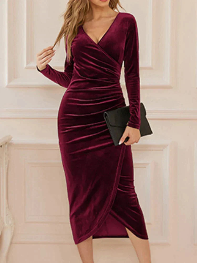 Velvet Deep V-Neck Long Sleeve Ruched Wrap Tulip Hem Midi Dress - View 2
