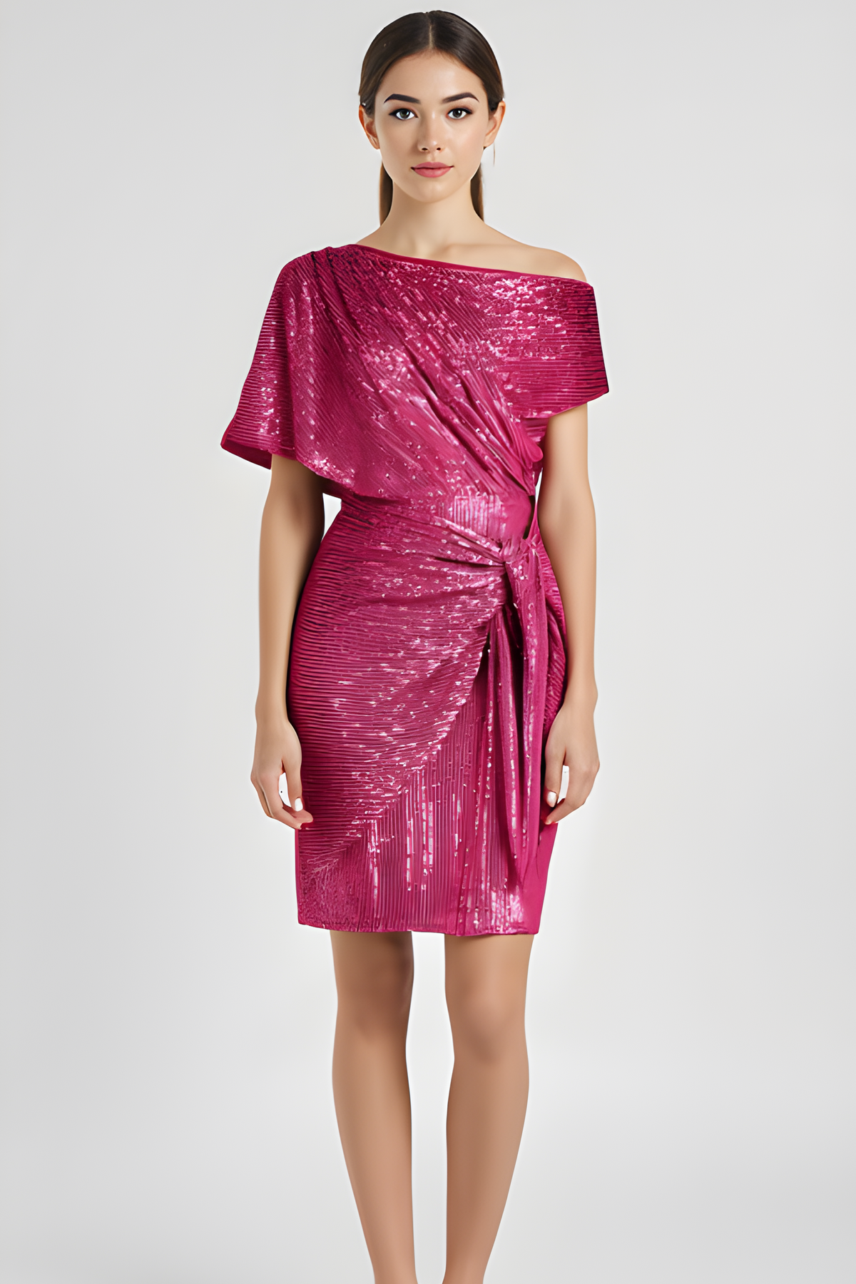 Asymmetric Neck Metallic Shimmer Draped Tie Waist Mini Dress 2