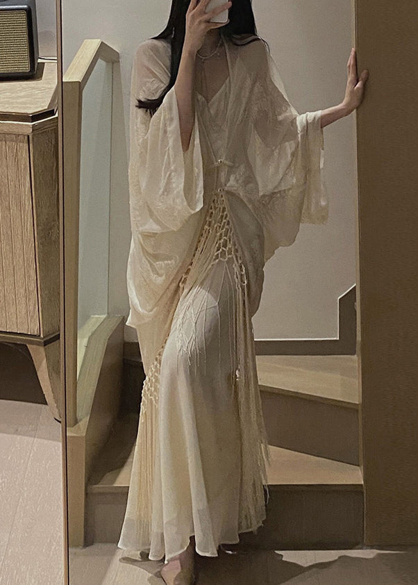 Sheer Embroidered Batwing Sleeve Macrame Fringe Set - View 3