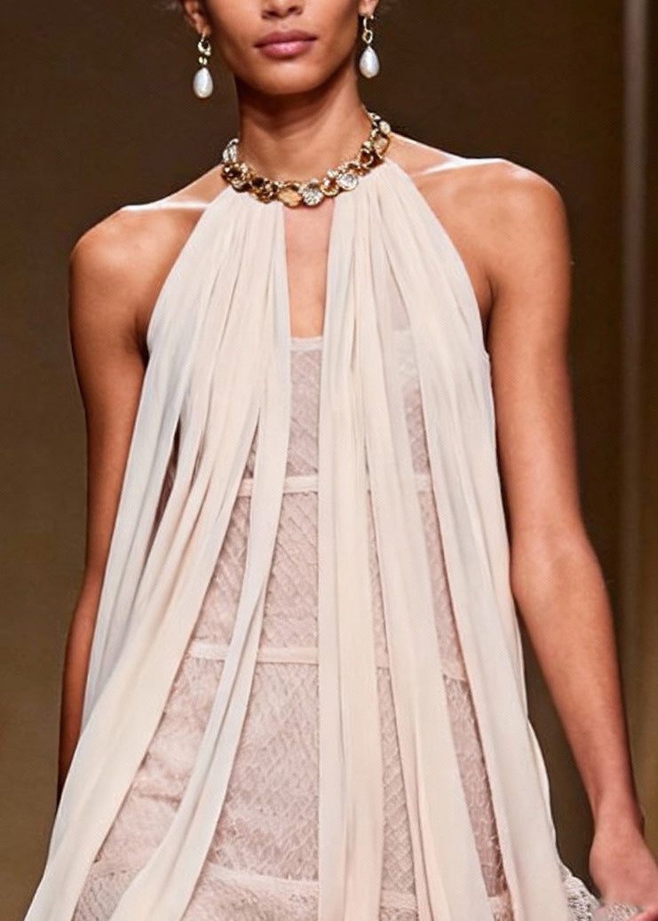 French Beige Cold Shoulder Mesh Halter Dress Summer - View 2