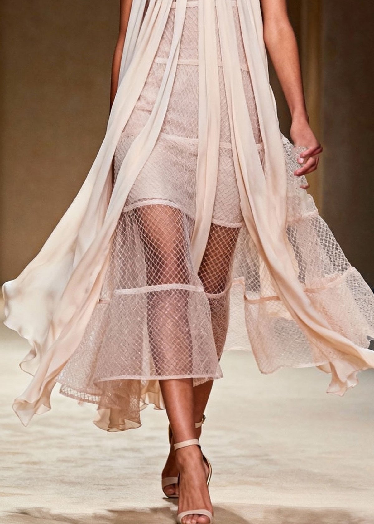French Beige Cold Shoulder Mesh Halter Dress Summer - View 4