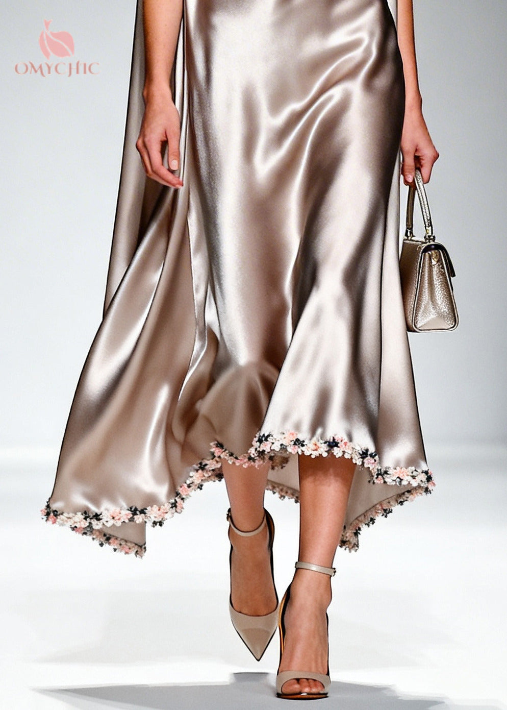 Satin Cowl Neck Cape Back Floral Applique High Low Hem Midi Gown - View 4