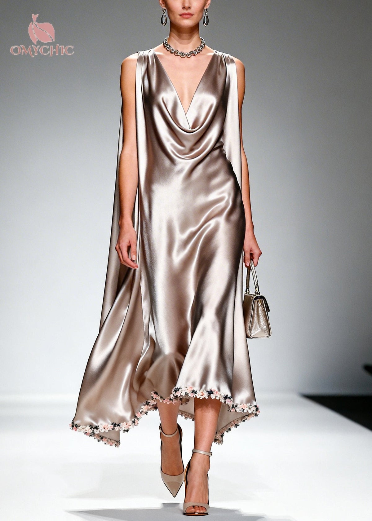Satin Cowl Neck Cape Back Floral Applique High Low Hem Midi Gown - View 5
