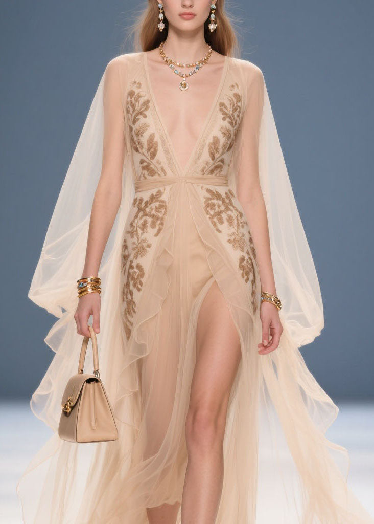 Chiffon Deep V-Neck Embroidered Cape Sleeve High Split Maxi Gown - View 2