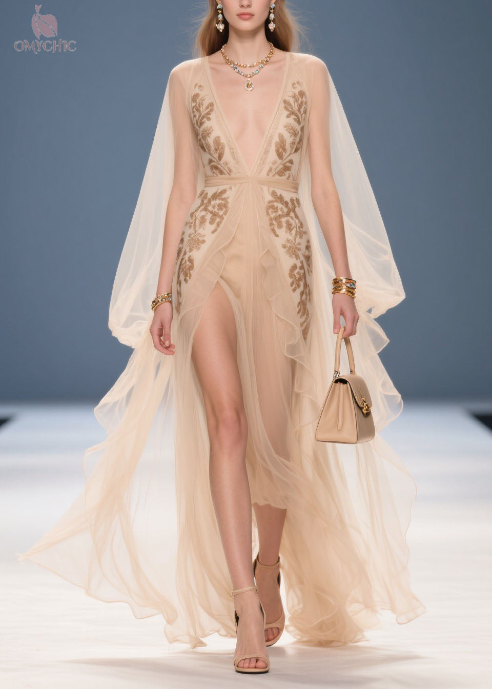 Chiffon Deep V-Neck Embroidered Cape Sleeve High Split Maxi Gown - View 3