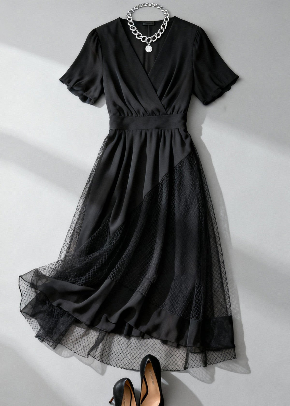 Deep V-Neck Wrap Short Sleeve Mesh Panel A-Line Midi Dress
