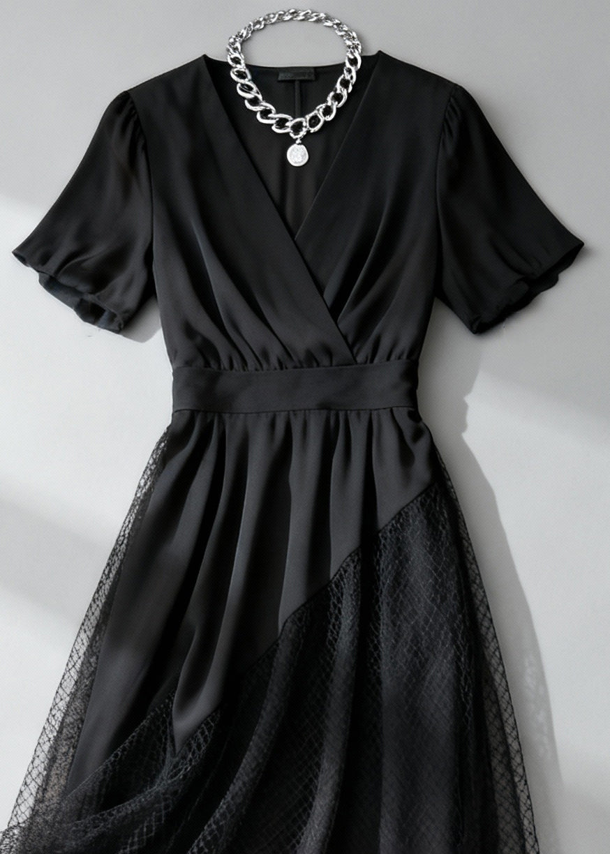 Deep V-Neck Wrap Short Sleeve Mesh Panel A-Line Midi Dress - View 2